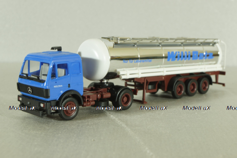 Mercedes SK 1735 LS tractor with semi-trailer tank "Willi Betz" 1989, blue/chrome, 826110, Herpa 1:87 