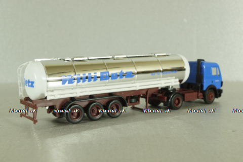 Mercedes SK 1735 LS tractor with semi-trailer tank "Willi Betz" 1989, blue/chrome, 826110, Herpa 1:87 