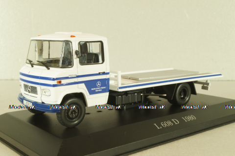 Mercedes L 608 D (W309) tow truck 1980, white/blue, MBOMS076, Altaya, Mercedes-Benz Offizielle Modell Sammlung #76, 1:43