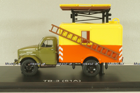 ТВ-3 телескопическая вышка на шасси Газ-51А 1960, зеленый/желтый/красный, SSM1627, SSM 1:43