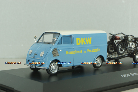DKW Schnellaster Typ 30  with trailer and 2 motorrad 1955, blue, 450745600, Schuco 1:43