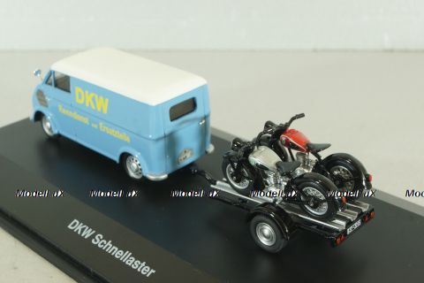 DKW Schnellaster Typ 30  with trailer and 2 motorrad 1955, blue, 450745600, Schuco 1:43