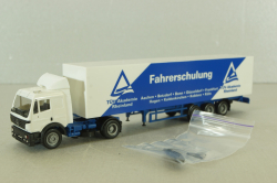 Mercedes SK 1850 LS tractor with semi-trailer "Fahrerschulung" 1994, blue/white, Herpa 1:87