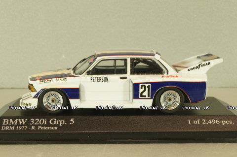 BMW 320i (E21) #21 Grp. 5 DRM 1977 R.Peterson, white/blue, 400772321, Minichamps 1:43