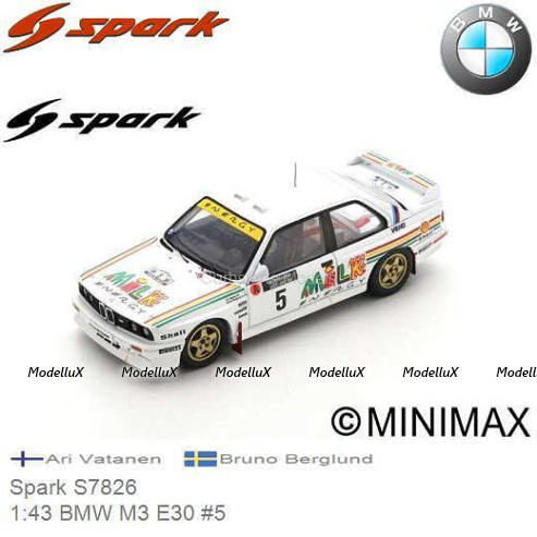 BMW M3 E30 No.5 Rally 1000 Lakes Finland 1988 - Ari Vatanen - Bruno Berglund, S7826, Spark 1:43