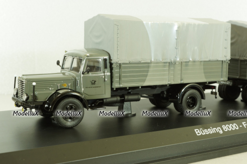 Bussing 8000 with trailer "Deutsche Bundespost" telecommunications services, grey, Schuco 1:43