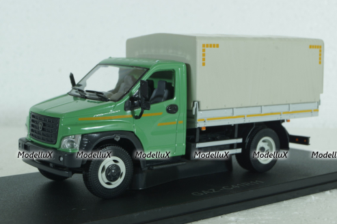 Газон Next C41R11 бортовой с тентом, зел/сер, Н232, Наш автопром 1:43