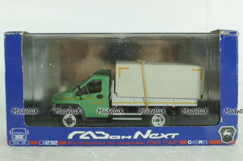 Газон Next C41R11 бортовой с тентом, зел/сер, Н232, Наш автопром 1:43