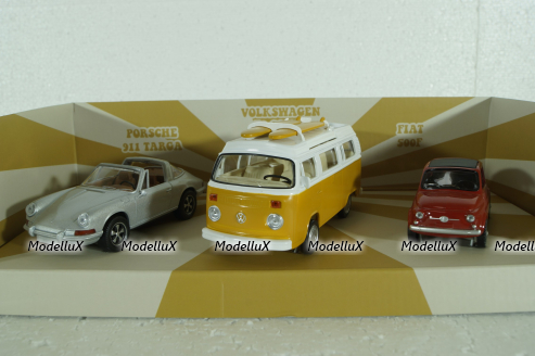 Set 3x Vintage Porsche 911 Targa Spider 1969/Fiat 500 1965/Volkswagen T2b Camper, 841104, Norev 1:43