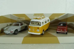 Set 3x Vintage Porsche 911 Targa Spider 1969/Fiat 500 1965/Volkswagen T2b Camper, 841104, Norev 1:43