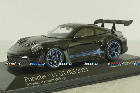 Porsche 911 (992) GT3 RS with Weissach-Package, blue/black rims and black décor, 413062109, Minichamps 1:43  