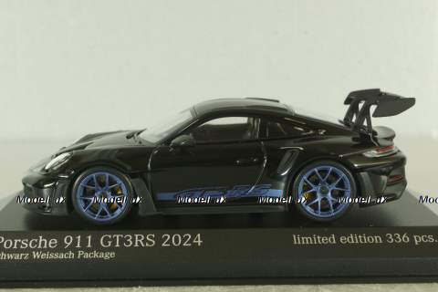 Porsche 911 (992) GT3 RS with Weissach-Package, blue/black rims and black décor, 413062109, Minichamps 1:43  