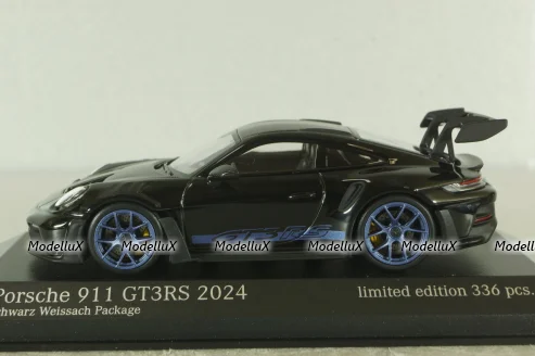 Porsche 911 (992) GT3 RS with Weissach-Package, blue/black rims and black décor, 413062109, Minichamps 1:43  