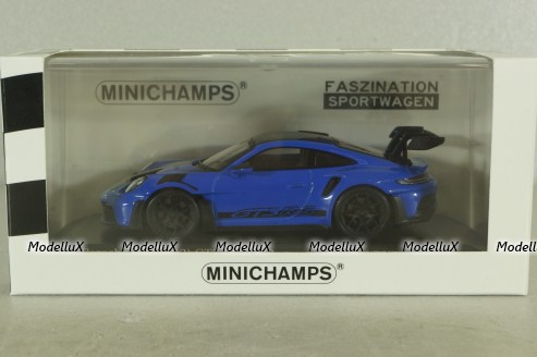 Porsche 911 (992) GT3 RS with Weissach-Package, black/ blue rims and blue décor, 413062122, Minichamps 1:43   