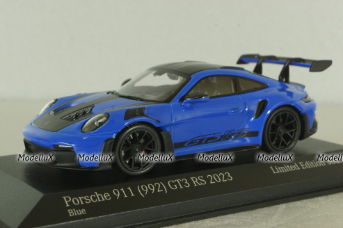 Porsche 911 (992) GT3 RS with Weissach-Package, black/ blue rims and blue décor, 413062122, Minichamps 1:43   