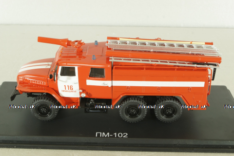 АЦ-40 (43202) ПМ-102Б пожарная автоцистерна на шасси Урал-43202 с бел. полосами, SSM1234B, SSM 1:43 Вариант 2!