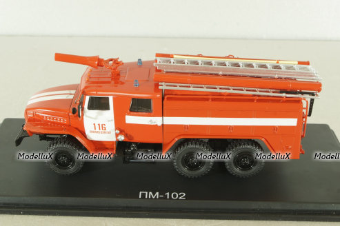 АЦ-40 (43202) ПМ-102Б пожарная автоцистерна на шасси Урал-43202 с бел. полосами, SSM1234B, SSM 1:43 Вариант 2!