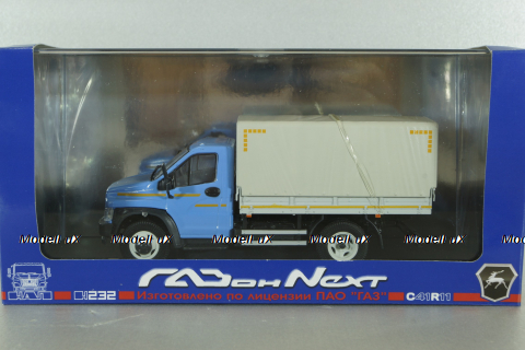 Газон NEXT C41R11 бортовой с тентом голубой/серый, в боксе, Н232, Наш Автопром 1:43 Уценка!