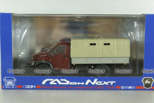 Газон NEXT C41A21 бортовой с тентом бордовый/бежевый, в боксе, Н234,  1:43
