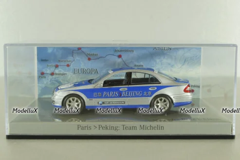Mercedes E320 BlueTEC (W211) Rallye Paris-Peking "Team Michelin" Nr.19 2006, silver/blue, B66962269, Minichamps 1:43