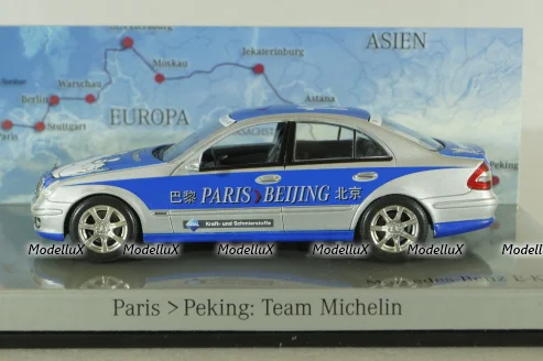 Mercedes E320 BlueTEC (W211) Rallye Paris-Peking "Team Michelin" Nr.19 2006, silver/blue, B66962269, Minichamps 1:43