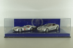 Mercedes 300 SLR Stromline (W196) 1954 silver and Mercedes SLR McLaren (C199) 2003 Silver, 50 years Mercedes Magazine, Set Minichamps 1:43