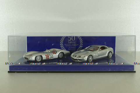 Mercedes 300 SLR Stromline (W196) 1954 silver and Mercedes SLR McLaren (C199) 2003 Silver, 50 years Mercedes Magazine, Set Minichamps 1:43