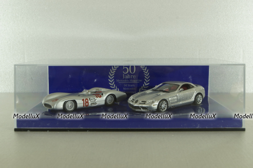Mercedes 300 SLR Stromline (W196) 1954 silver and Mercedes SLR McLaren (C199) 2003 Silver, 50 years Mercedes Magazine, Set Minichamps 1:43