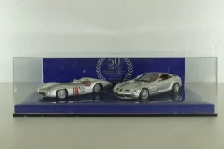 Mercedes 300 SLR Stromline (W196) 1954 silver and Mercedes SLR McLaren (C199) 2003 Silver, 50 years Mercedes Magazine, Set Minichamps 1:43