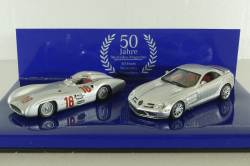 Mercedes 300 SLR Stromline (W196) 1954 silver and Mercedes SLR McLaren (C199) 2003 Silver, 50 years Mercedes Magazine, Set Minichamps 1:43