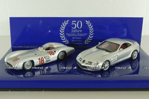 Mercedes 300 SLR Stromline (W196) 1954 silver and Mercedes SLR McLaren (C199) 2003 Silver, 50 years Mercedes Magazine, Set Minichamps 1:43