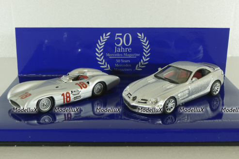 Mercedes 300 SLR Stromline (W196) 1954 silver and Mercedes SLR McLaren (C199) 2003 Silver, 50 years Mercedes Magazine, Set Minichamps 1:43