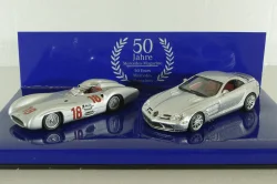 Mercedes 300 SLR Stromline (W196) 1954 silver and Mercedes SLR McLaren (C199) 2003 Silver, 50 years Mercedes Magazine, Set Minichamps 1:43