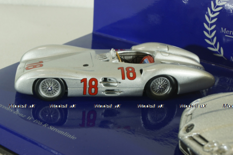 Mercedes 300 SLR Stromline (W196) 1954 silver and Mercedes SLR McLaren (C199) 2003 Silver, 50 years Mercedes Magazine, Set Minichamps 1:43