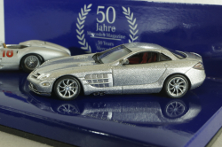 Mercedes 300 SLR Stromline (W196) 1954 silver and Mercedes SLR McLaren (C199) 2003 Silver, 50 years Mercedes Magazine, Set Minichamps 1:43