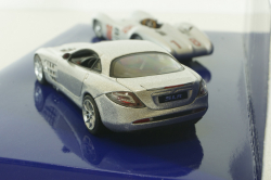 Mercedes 300 SLR Stromline (W196) 1954 silver and Mercedes SLR McLaren (C199) 2003 Silver, 50 years Mercedes Magazine, Set Minichamps 1:43