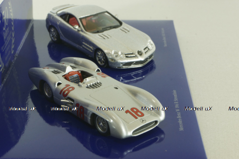 Mercedes 300 SLR Stromline (W196) 1954 silver and Mercedes SLR McLaren (C199) 2003 Silver, 50 years Mercedes Magazine, Set Minichamps 1:43
