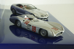 Mercedes 300 SLR Stromline (W196) 1954 silver and Mercedes SLR McLaren (C199) 2003 Silver, 50 years Mercedes Magazine, Set Minichamps 1:43