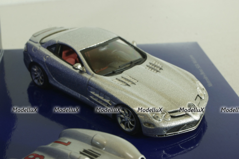 Mercedes 300 SLR Stromline (W196) 1954 silver and Mercedes SLR McLaren (C199) 2003 Silver, 50 years Mercedes Magazine, Set Minichamps 1:43