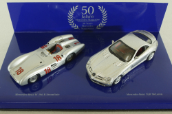 Mercedes 300 SLR Stromline (W196) 1954 silver and Mercedes SLR McLaren (C199) 2003 Silver, 50 years Mercedes Magazine, Set Minichamps 1:43