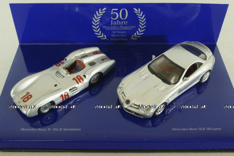 Mercedes 300 SLR Stromline (W196) 1954 silver and Mercedes SLR McLaren (C199) 2003 Silver, 50 years Mercedes Magazine, Set Minichamps 1:43