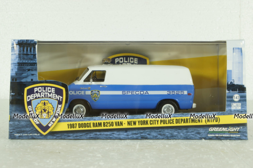 Dodge RAM B250 Van NYPD 1987 blue/white, 86577, Greenlight 1:43
