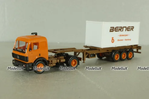 Mercedes SK 1748 tractor with semi trailer Berner 1988, orange, Herpa 1:87