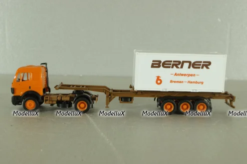 Mercedes SK 1748 tractor with semi trailer Berner 1988, orange, Herpa 1:87