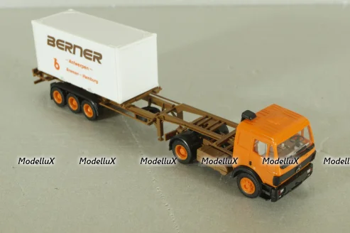 Mercedes SK 1748 tractor with semi trailer Berner 1988, orange, Herpa 1:87