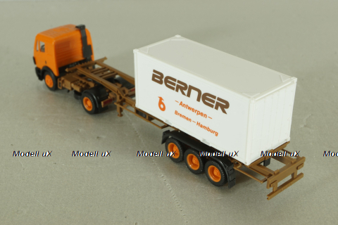 Mercedes SK 1748 tractor with semi trailer Berner 1988, orange, Herpa 1:87