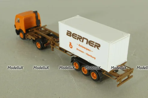 Mercedes SK 1748 tractor with semi trailer Berner 1988, orange, Herpa 1:87