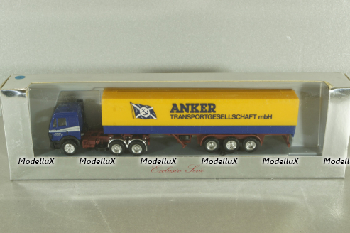 Mercedes SK 2435 tractor with semi trailer Anker, blue/yellow, Herpa 1:87