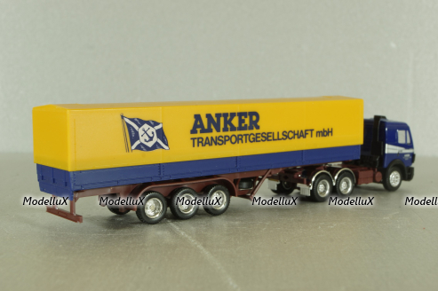 Mercedes SK 2435 tractor with semi trailer Anker, blue/yellow, Herpa 1:87