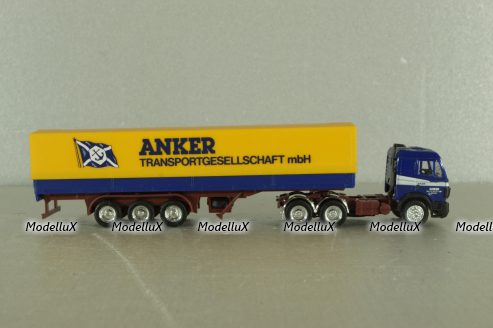 Mercedes SK 2435 tractor with semi trailer Anker, blue/yellow, Herpa 1:87